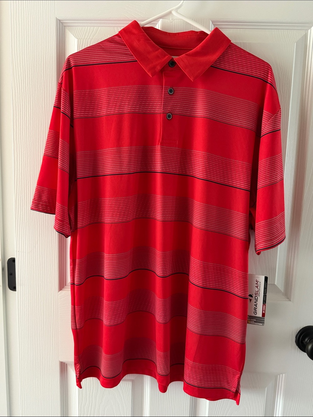 NWT Grand Slam Performance Red Striped Polo Shirt, UPF 50 Protection, Mens Large